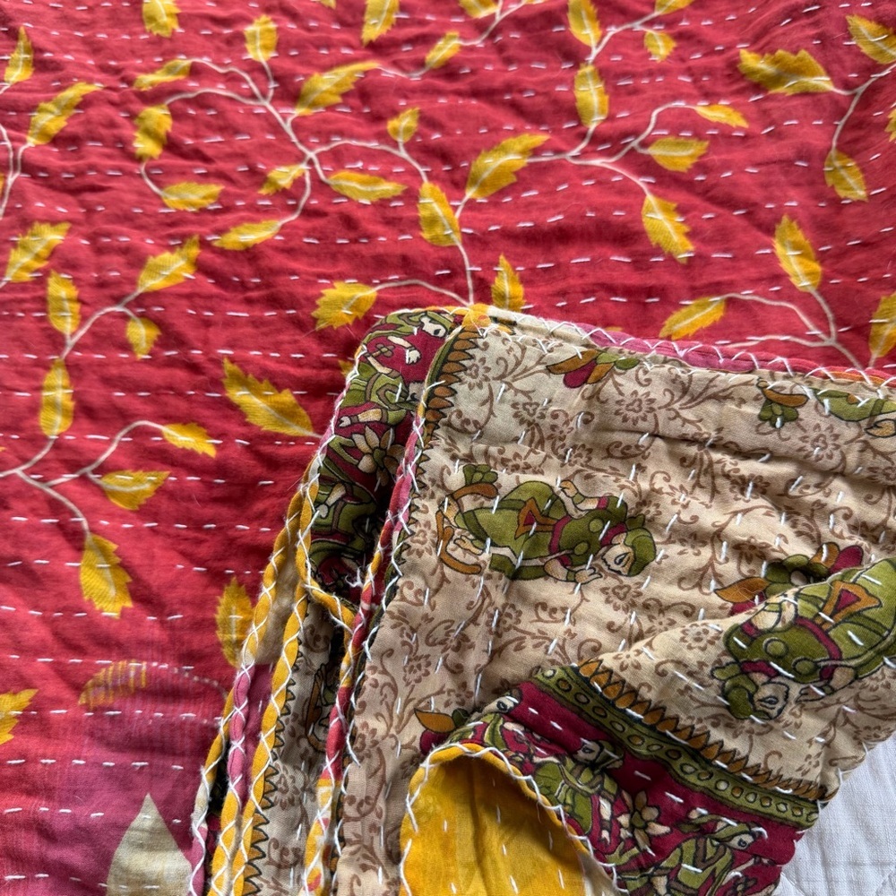 Vintage Kantha Quilt Throw Blanket 54” x 86” | Double Sided | Soft Cotton - Picture 10 of 10